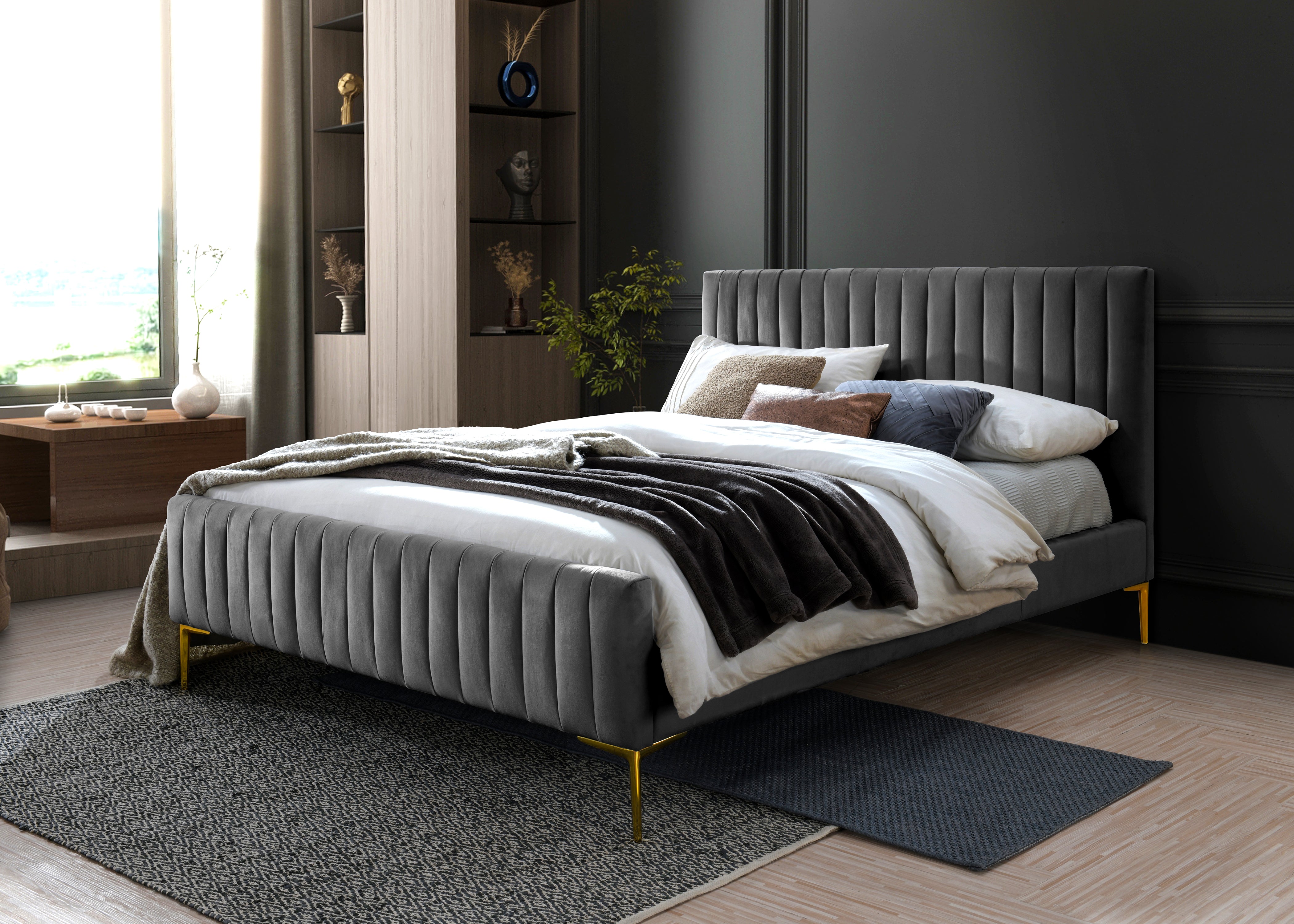 Julia Upholstered Platform Bed - Queen size, Charcoal